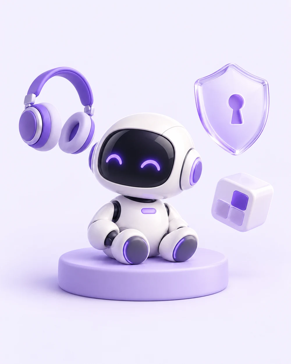 A porcelain voice assistant with floating lavender workspace objects